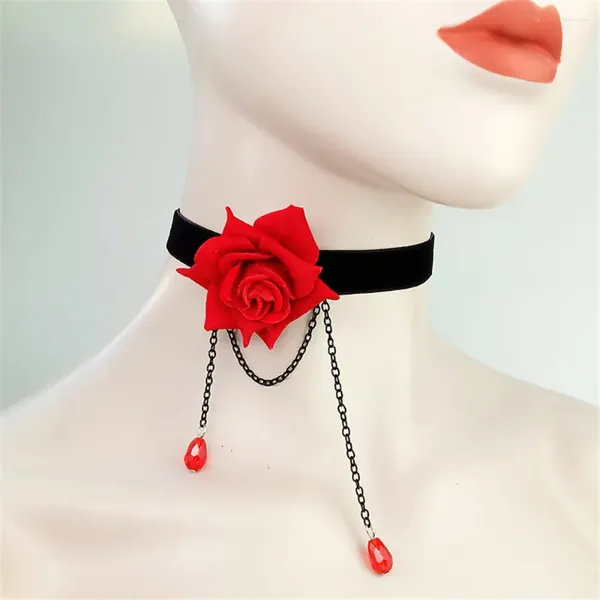 Gargantilha flor vermelha rosa menina gótica lolita-colar de renda preta joias femininas
