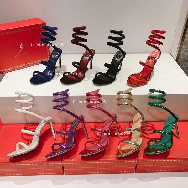 Rene Caovilla Cleo Veet Metallic-Finish Sandalen 95 Stiletto Heels Abend Party Schuhe Damen Hochhackige Designer Ankle Wraparound Shoe Factory Footwear