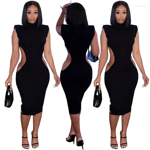 Casual Dresses SKMY Womens Kleidung Ankunft 2024 Hollow Out Rüschen ärmellose Sexy Club Outfits Solide Farbe Schwarz Bodycon Midi Kleid Party