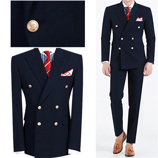 Ternos de alta qualidade para homens azul marinho moda lapela duplo breasted terno masculino fino ajuste formal casual casamento smoking 2 peça 240125