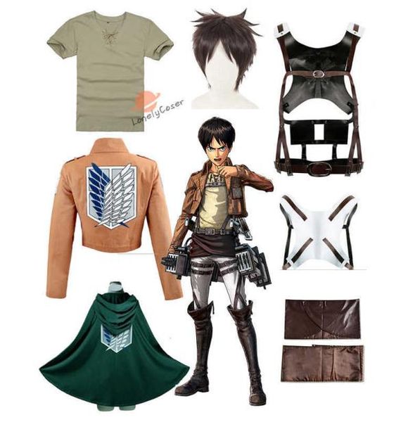 Eren Yaeger Cosplay Kostüm Shingeki no Kyojin Attack on Titan Scouting Legion Set Perücke Umhang Hose Ledergürtel Schürze Umhang Herren Y092331092