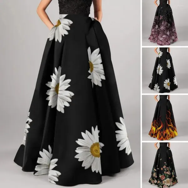 Saias Mulheres Maxi Saia Flor Impresso Cintura Alta Zíper Meia Abertura Suave Bohemian Solto Long Party Prom Beach