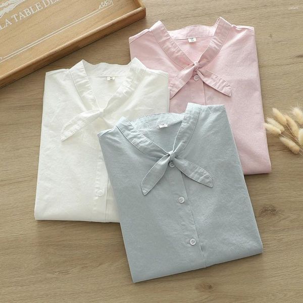 Blusas femininas de algodão para mulheres primavera tops mori meninas estilo japonês doce arco rosa branco azul base sólida camisas lolita roupas