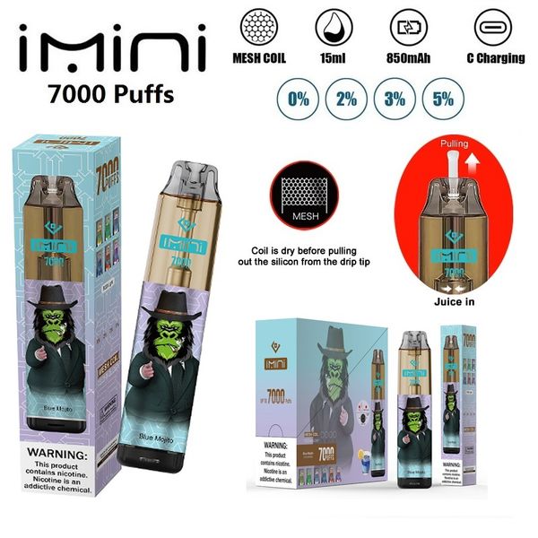 Оригинальный Imini Tornado 7000 Puffs одноразовые одноразовые электронные сигареты регулируемые ручки с регулируемым воздушным потоком аккумуляторной аккумуляторной аккумуляторной батареи.