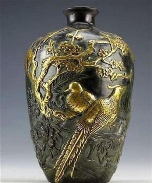 Intero economico Z Collezione cinese Statue in bronzo Placcatura in oro Fiore Uccello Vaso vaso 20cm214n7204862