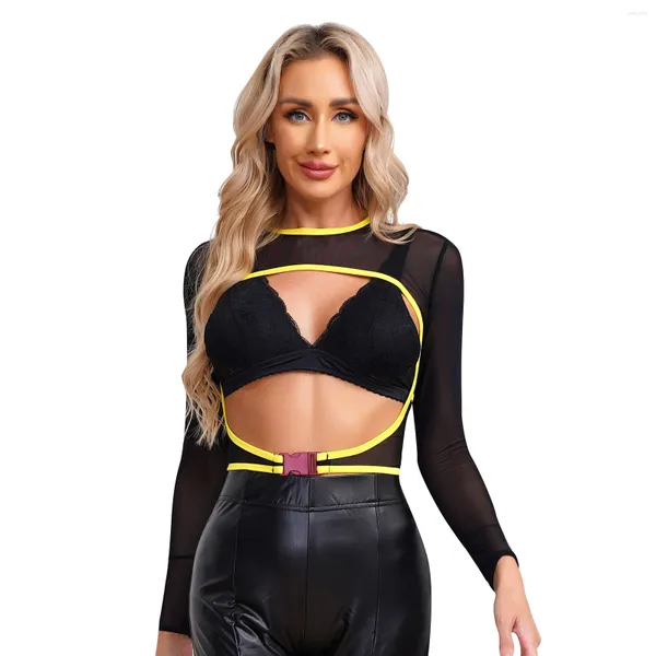 Mulheres Camisetas Vendas Mulheres Negras See-Through Malha Crop Top Moda Open Front / Backless Manga Longa T-shirt Cover Ups Festival de Música