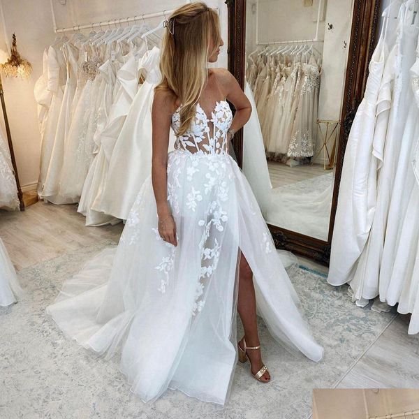 Abiti da sposa a sirena Abito da spiaggia Boho per la sposa Scollo a cuore Appliqued in pizzo Abiti da sposa con perline sexy con spacco alto Matrimonio D Dhnom