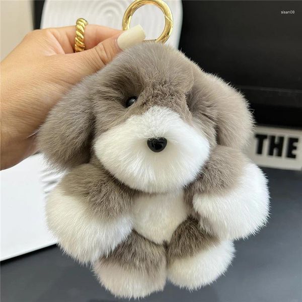 Portachiavi Cane di peluche Vera pelliccia di Rex Portachiavi Cucciolo carino Giocattoli per bambini Borsa da donna Ciondolo con ciondolo Chiave per auto Anello in metallo Ornamenti Regalo di compleanno