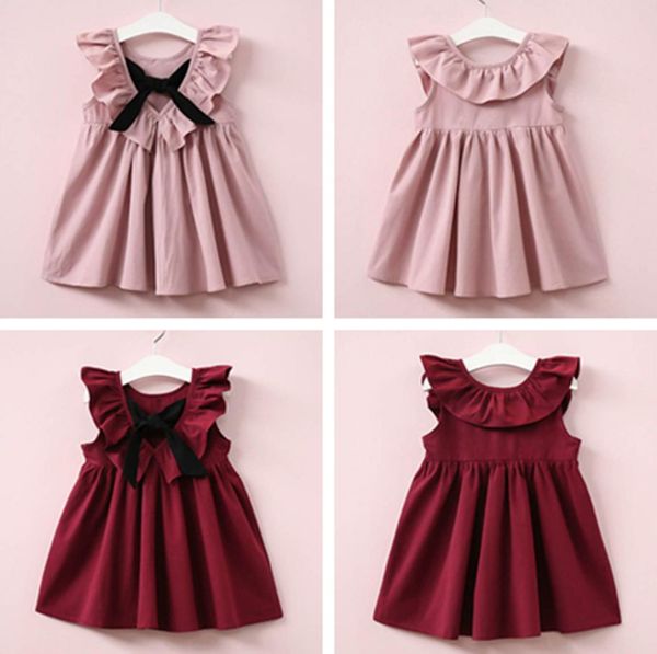 Cute Baby Girls Summer Sundress Bowknot Breve Mini Vest Dress Bambino Bambini Cotone Abiti casual Senza maniche Outfit Rosso Rosa3064529