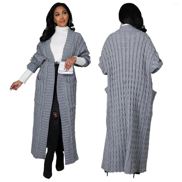 Abbigliamento etnico Abbigliamento africano per donna Autunno Inverno Cardigan lavorato a maglia allentato Tasca casual Cappotto lungo in maglione tinta unita Senza cintura