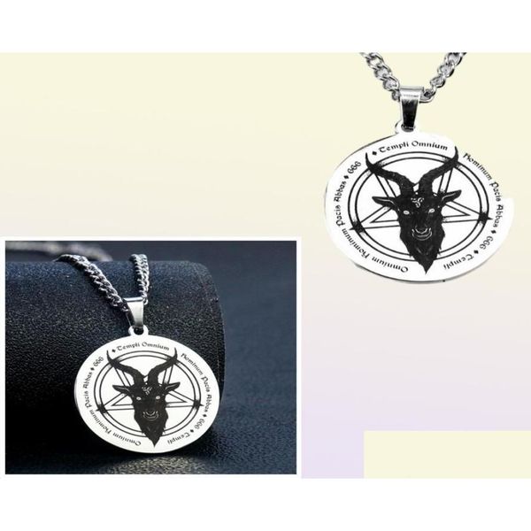 Collane con ciondolo Weatern Acciaio inossidabile Lucifero Collana Satana 666 Demone Pentagramma rotondo Salomone Skl Testa di capra Gioielli unisex Goccia Dh7Es