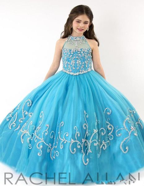 RACHEL ALLAN Mädchen-Festzug-Kleider, transparent, hoher Ausschnitt, Tüll, blaue Strass-Kristallperlen, glitzerndes Ballkleid, lange Blumenmädchen-Kleider HY02804657