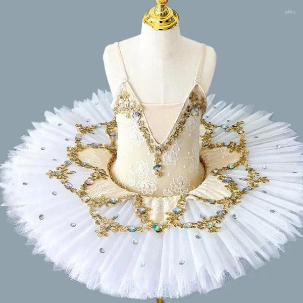 Abbigliamento da palcoscenico Gonna da balletto Abbigliamento da spettacolo per ragazza Bambini Bambini Cigno bianco Danza Pancake Tutu Top in pizzo Ballerina professionale Tutù per ragazze