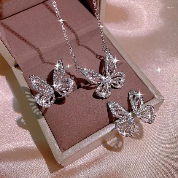 Halskette Ohrringe Set SHButterfly Damen Ring Mesh Rot Cool Style Kragen Kette Korean Kurz Mode Schmetterling Dreiteilig