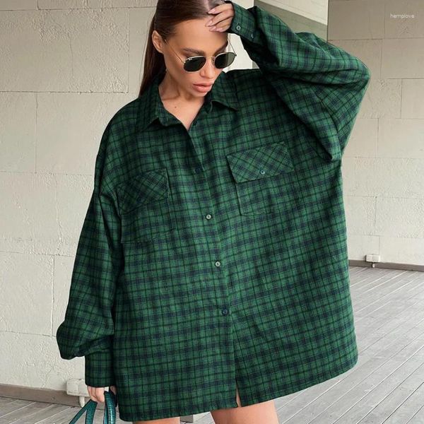 Camicette da donna Camicia ampia oversize retrò americana a quadri verde