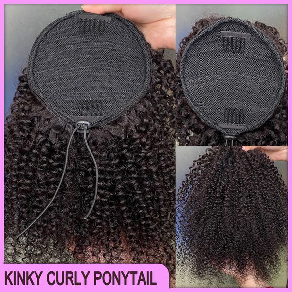 Alta qualidade peruano malaio cabelo indiano natural preto kinky encaracolado rabo de cavalo extensões de cabelo 100% cru virgem remy cabelo humano