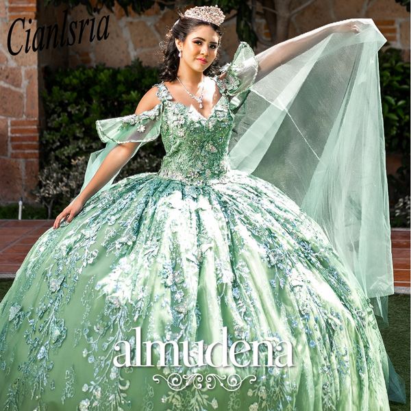 Mintblaue Quinceanera-Kleider 2024, Ballkleid, Applikationen, Perlenstickerei, süßes 16-15-Kleid, Vestidos De Fiesta