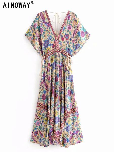 Vintage Chic Damen Pfau Blumendruck Fledermausärmel Strand Böhmisches Maxikleid Robe Damen V-Ausschnitt Quaste Sommer Boho Kleid 240219