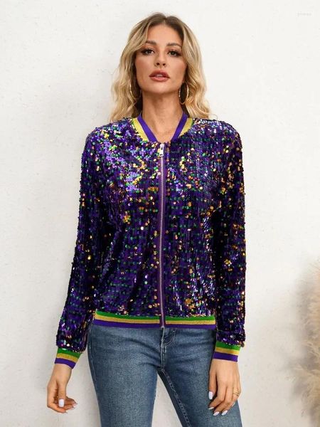 Giacche da donna Lucide colorate con paillettes maniche lunghe Baseball Moda Activewear per le donne Cappotto con cerniera allentato con colletto a fascia