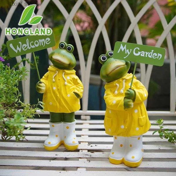 Gartendekorationen Harz Paar Frosch Ornament mit Willkommensschild Outdoor Garten Skulptur Statue Familie Geschenk für Garten Hof Terrasse Rasen T240219