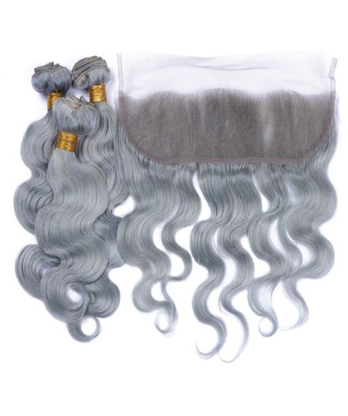 9A capelli umani grigio argento peruviani 3 pacchi con frontale in pizzo 13x4 onda del corpo colore grigio puro capelli peruviani vergini con frontali 4P5481797