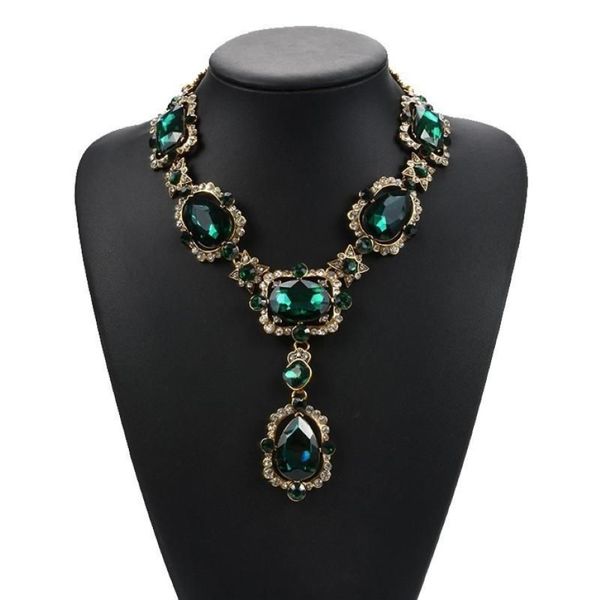 Ожерелья с подвесками, классическое колье-чокер с зеленым драгоценным камнем для женщин, большой стеклянный кристалл, Этническая невеста, свадебные винтажные ошейники Chain257U