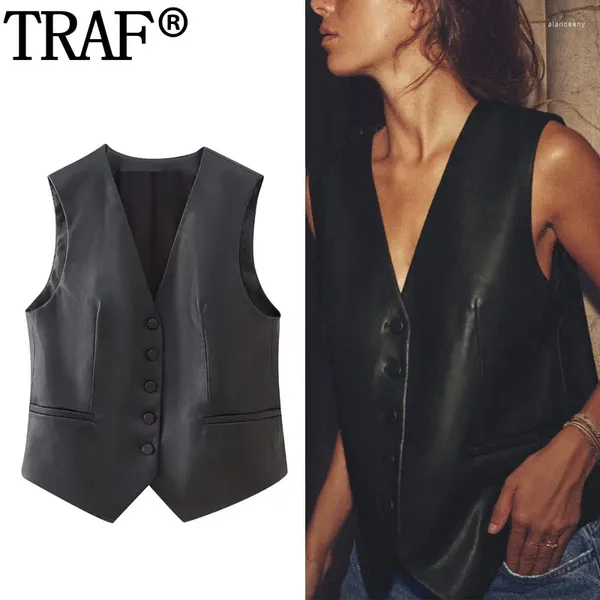 Frauenwesten traf 2024 ärmellose schwarze Weste Frau Faux Leder für Frauen Modeknopf geschnittene Weste y2k Herbst Basic Jacket