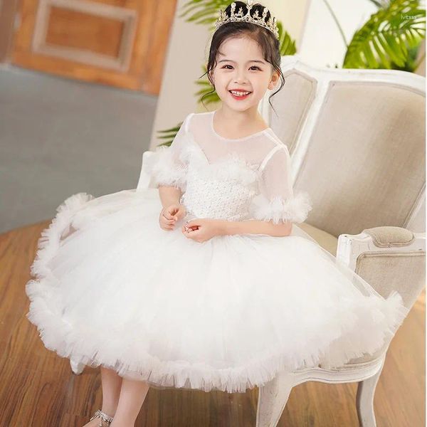 Платья для девочек праздничное свадебное платье с круглым вырезом и кружевными складками с короткими рукавами, лоскутное платье принцессы с полой пачкой, детские костюмы благородного белого цвета