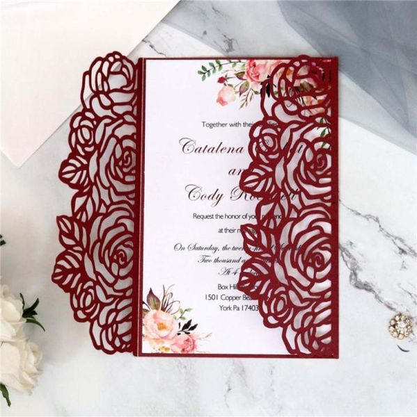 Kreative Rose Laser Cut Hochzeitseinladungskarte DIY glänzende Hochzeitseinladungen für Quinceanera Geburtstag Süße Einladungskarten3900606