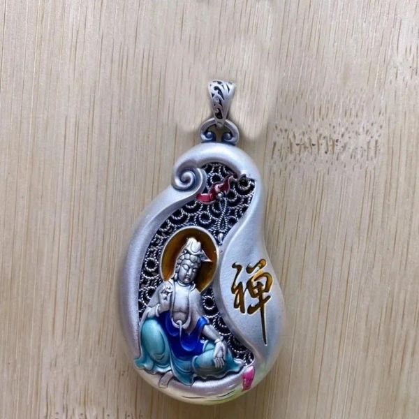 Catene in argento 925 stile nazionale scava fuori ciondolo Bodhisattva smalto colorato Guanyin Zen collana solida per uomo gioielli banchetto