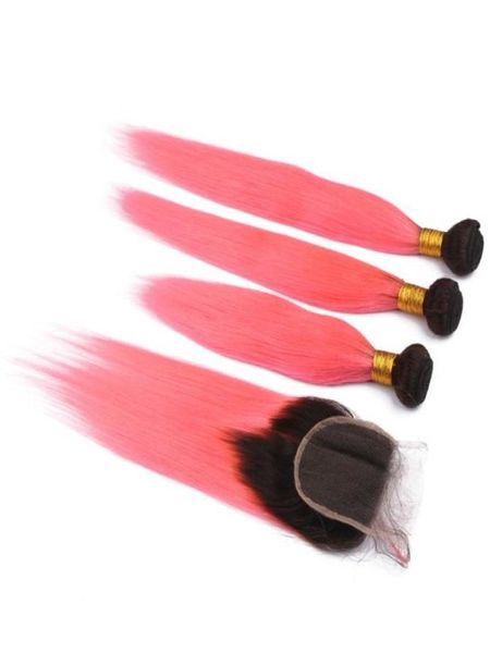 Trame di capelli brasiliani vergini rosa Ombre con chiusura dritta 1B Fasci di tessuto di capelli umani Ombre con radice scura rosa con chiusura in pizzo 4x4519644231