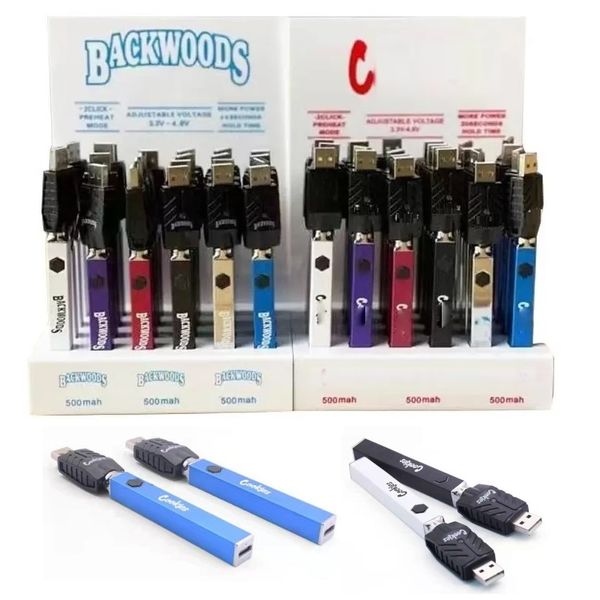 Cookies Backwoods Batteria quadrupla da 24 ct, 500 mAh, preriscaldamento VV, tensione variabile per 510 carrelli, batterie, penne per concentrato inferiore, scatola espositiva da 24 pezzi.