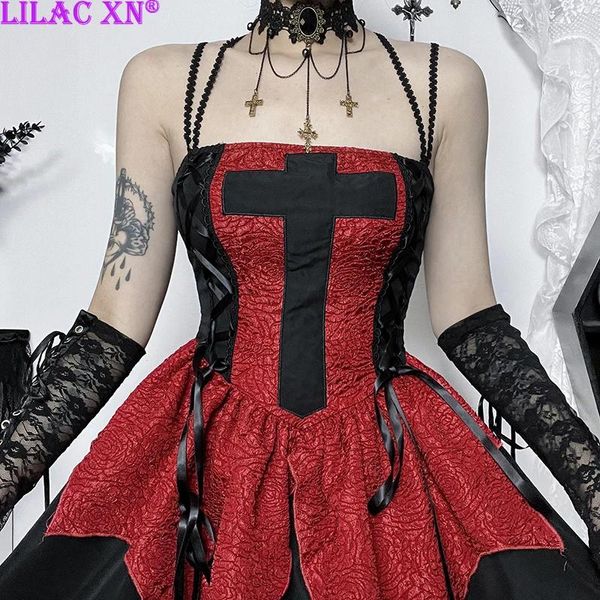 Lässige Kleider Goth Rotes Kreuz Verband Ärmellose Party Sexy Vintage Schnürung Rückenfreies Minikleid Lolita Y2K Elegante Frauen Kurz