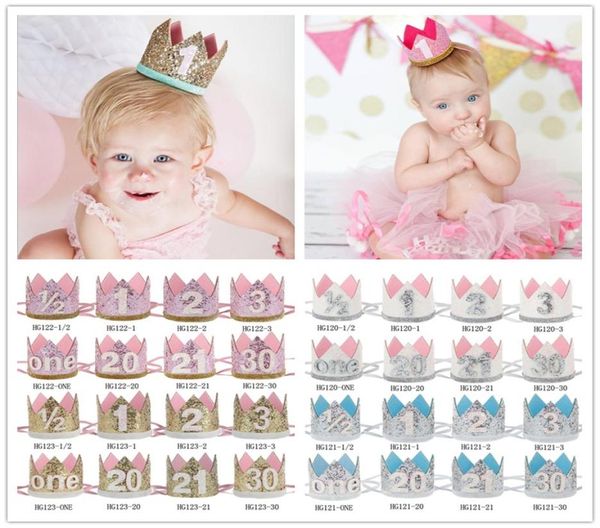 Повязка на голову на день рождения для маленьких девочек, повязка на голову с короной принцессы, эластичные головные уборы с принтом цифр для новорожденных, блестящие аксессуары для волос KH5330856
