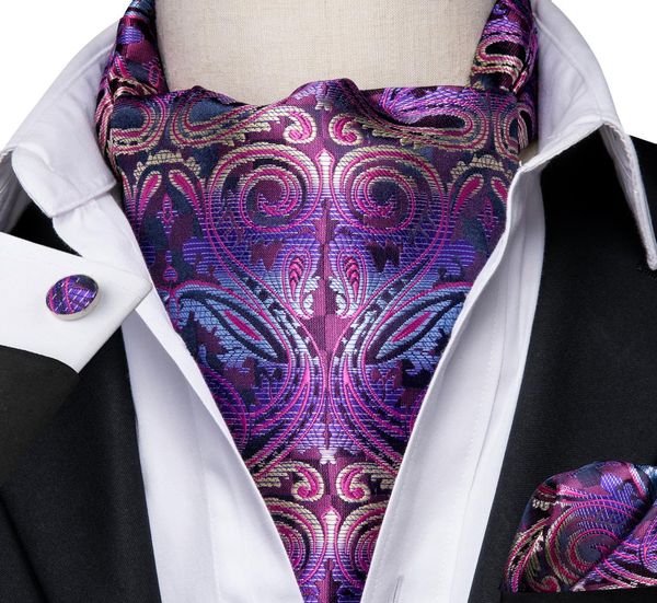 Fast Ascot Men039s klassische lila Paisley-Krawatte, Vintage-Ascot-Taschentuch, Manschettenknöpfe, Krawatten-Set für Herren-Hochzeit, Par5984778