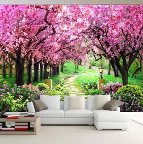 Personalizado 3d po papel de parede flor romântica flor de cerejeira árvore pequena estrada mural papéis de parede para sala estar quarto 222497072057
