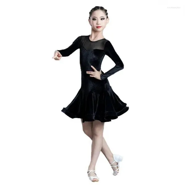 Bühnenkleidung Latin Dance Herbst und Winter High-End-Profi-Rennanzug für Mädchen, einteiliges Performance-Tanzkleid für Kinder