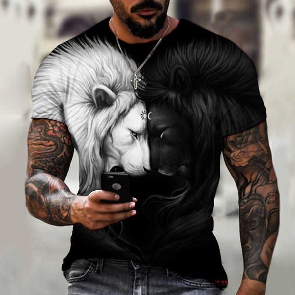 Beast Fierce Lion and Wolf Camiseta impressa em 3D verão masculina oversized manga curta preto branco poliéster