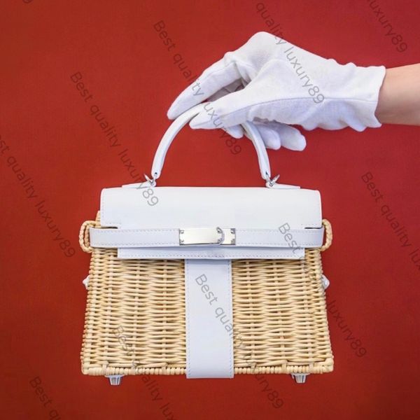 Tutta la borsa da picnic in bambù fatta a mano borsa a tracolla del designer di marca processo di ingegno all'interno della pelle bovina italiana realizzata con borsa diagonale da 20 cm accessori hardware in oro 24 carati