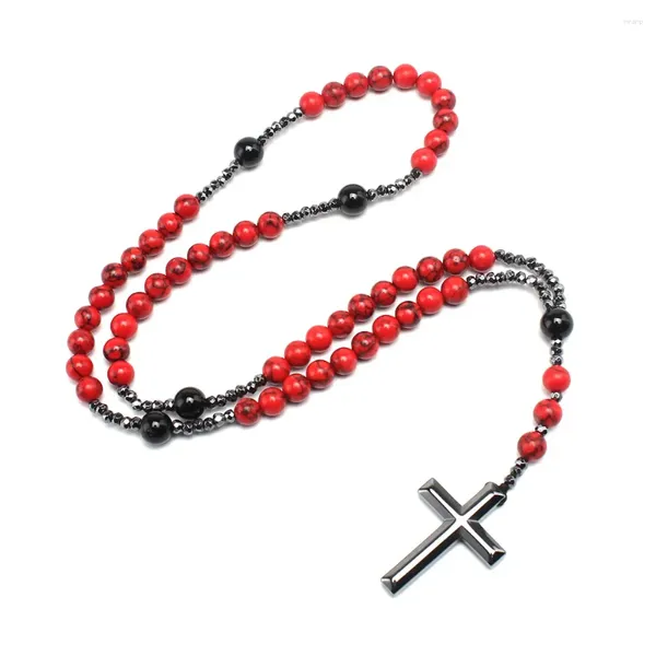 Colares Pingente 8mm Natureza Pedra Hematita Rosário Frisado Homens Colar Cruz Saúde Religiosa Masculino Jóias