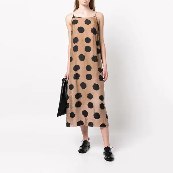 Vestidos casuais polka dot espaguete alças halter vestido longo feito de cobre spandex com grande círculo impressão vintage mulheres