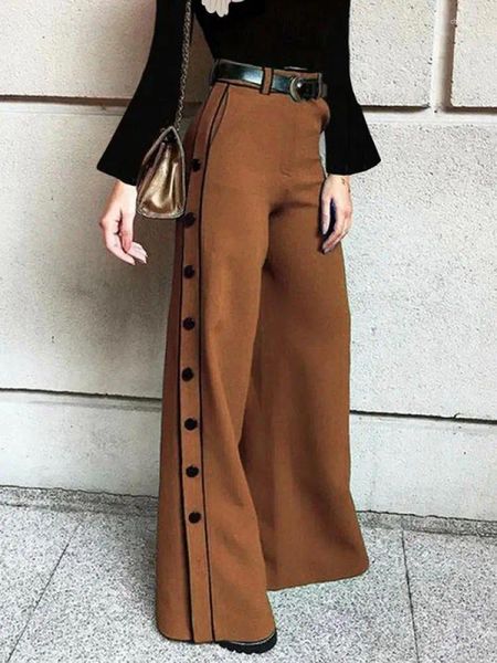 Pantaloni da donna Yeezzi Donna Elegante Pulsante di selezione Vita alta Cerniera Gamba larga 2024 Primavera Autunno Causale Urbano Pantaloni color caffè