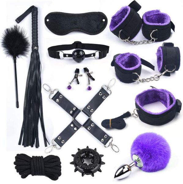 12 pezzi / set nylon peluche giocattoli del sesso per adulti donne manette frusta bocca bavaglio corda erotica sadomaso bondage con metallo coda anale volpe Y2018216630