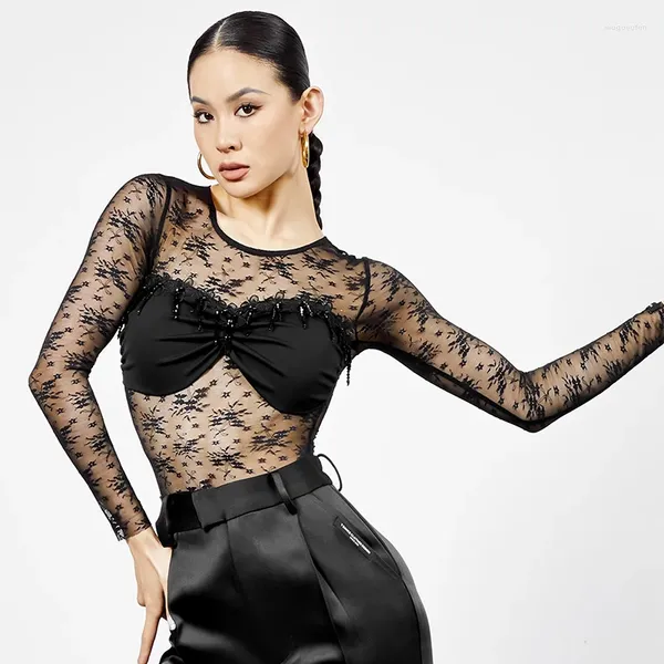 Sahne Giyim Seksi See-Through Dantel Mesh Üstleri Kadınlar için Latin Dans Kıyafetleri Uygulama Performansı Yetişkin Rumba Tenararı DNV19303