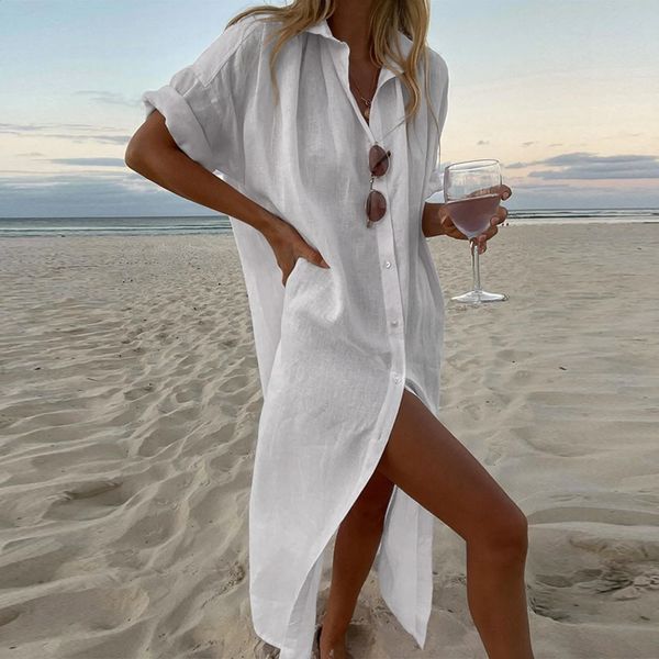 Baumwollleinen Damen Langarmkleid 2024 Sommer einfarbig lässig kurzärmeliges Kleid Strand Damenbekleidung Y2K Vestito Robe 240219