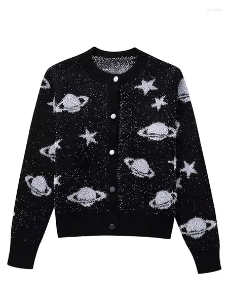 Maglieria da donna con motivo planetario Cardigan stampato monopetto O-collo Scintillante Maglioni autunnali invernali Top a manica lunga femminile lavorato a maglia