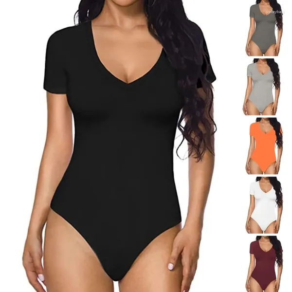 Mulheres Camisetas Mulheres Verão Sexy Casual Profundo Decote Em V Bodysuits Camisetas Manga Curta Básico Cor Sólida Bodycon Slim-Fit Macacões Tops