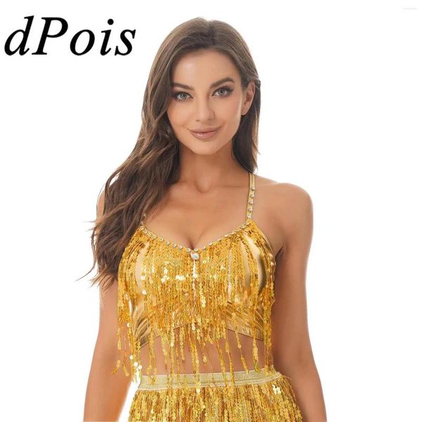 Abbigliamento da palcoscenico Canotta da danza del ventre da donna con paillettes lucide Top corto con frange Canotta senza maniche con scollo a V per spettacoli Prom Party Clubwear