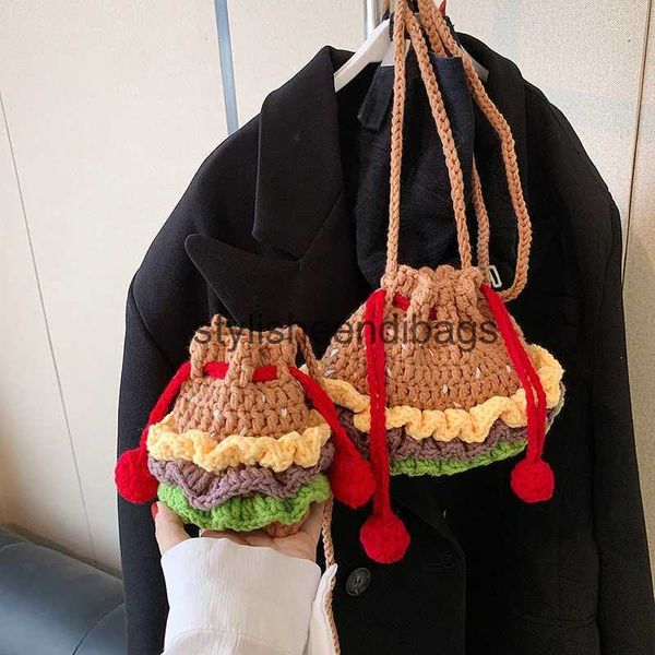 Totes Simpatiche borse in tessuto hamburger per borse da donna Mini borsa con coulisse Borsa a tracolla fatta a mano all'uncinetto Borse a tracolla per maglieria Ragazze NewH24219