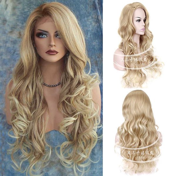 En çok satan peruk kadın ara renk yüzer boyama orta gradyan uzun kıvırcık saç altın peruk